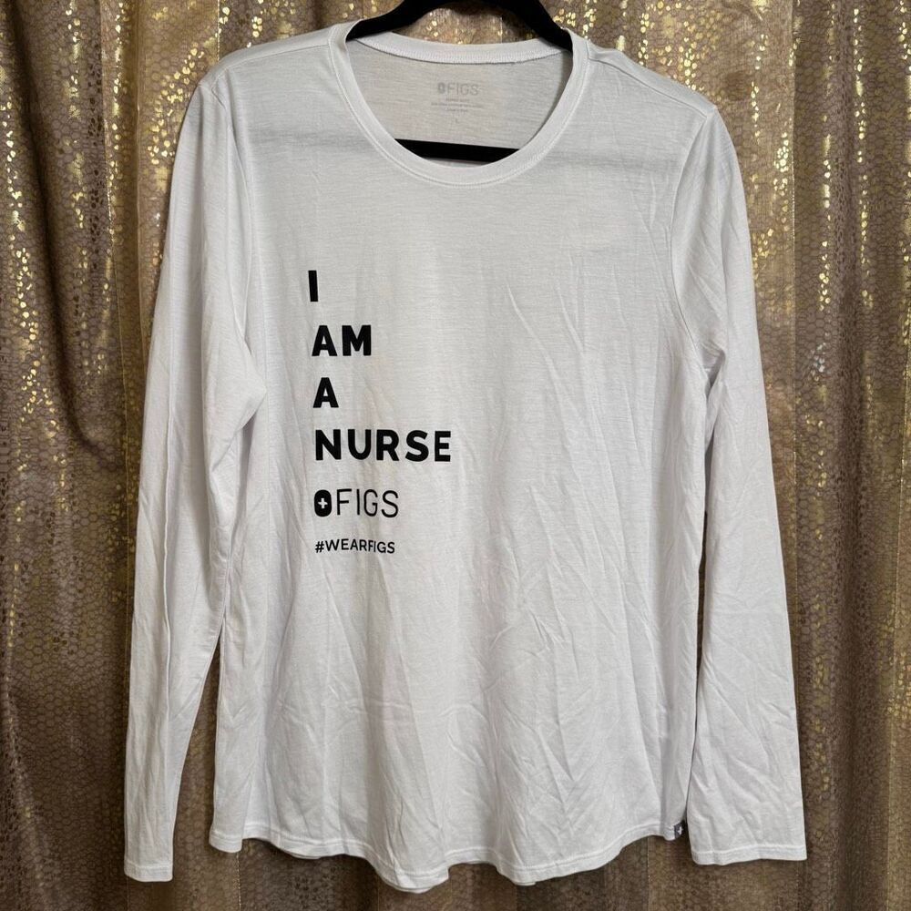 FIGS I am a nurse White Black Graphic Long Sleeve Underscrub Shirt Large NWT